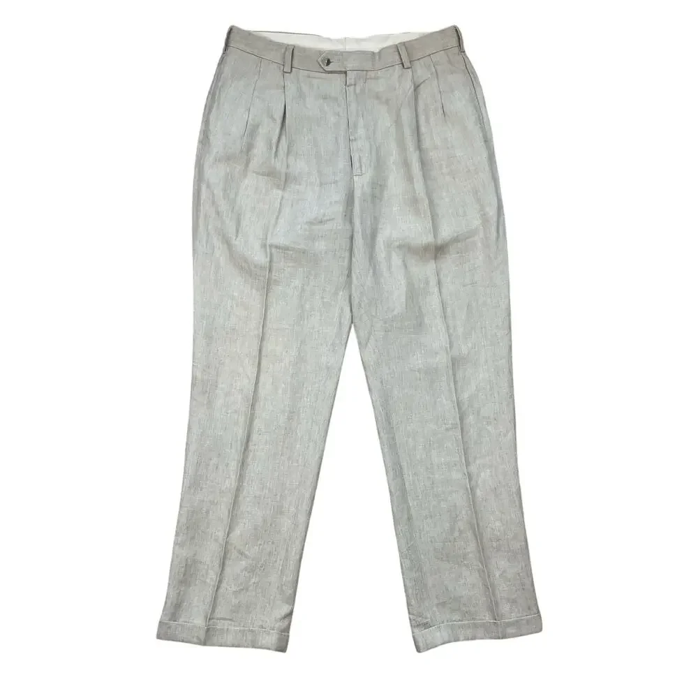 Jos A Bank Linen Pants Mens 36x32 Beige Pleated Cuffed Dress Trousers 100 Linen
